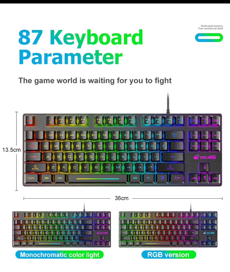 K16 87 Keys PC Keyboard Waterproof Portable Esports Gaming Keyboard USB Wired Backlit Ergonomics Colorful Computer Accessories