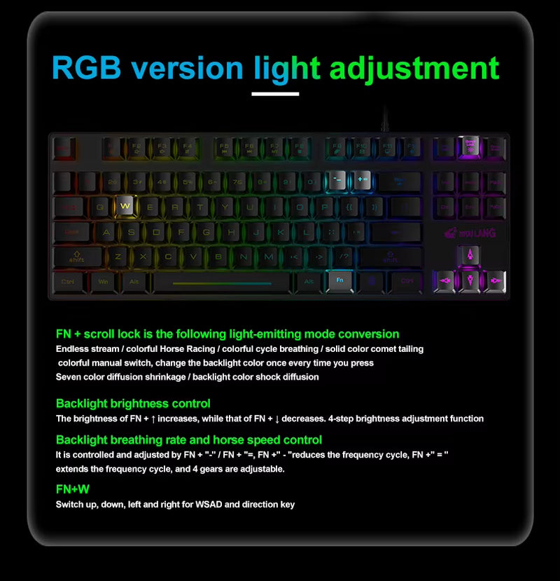 K16 87 Keys PC Keyboard Waterproof Portable Esports Gaming Keyboard USB Wired Backlit Ergonomics Colorful Computer Accessories