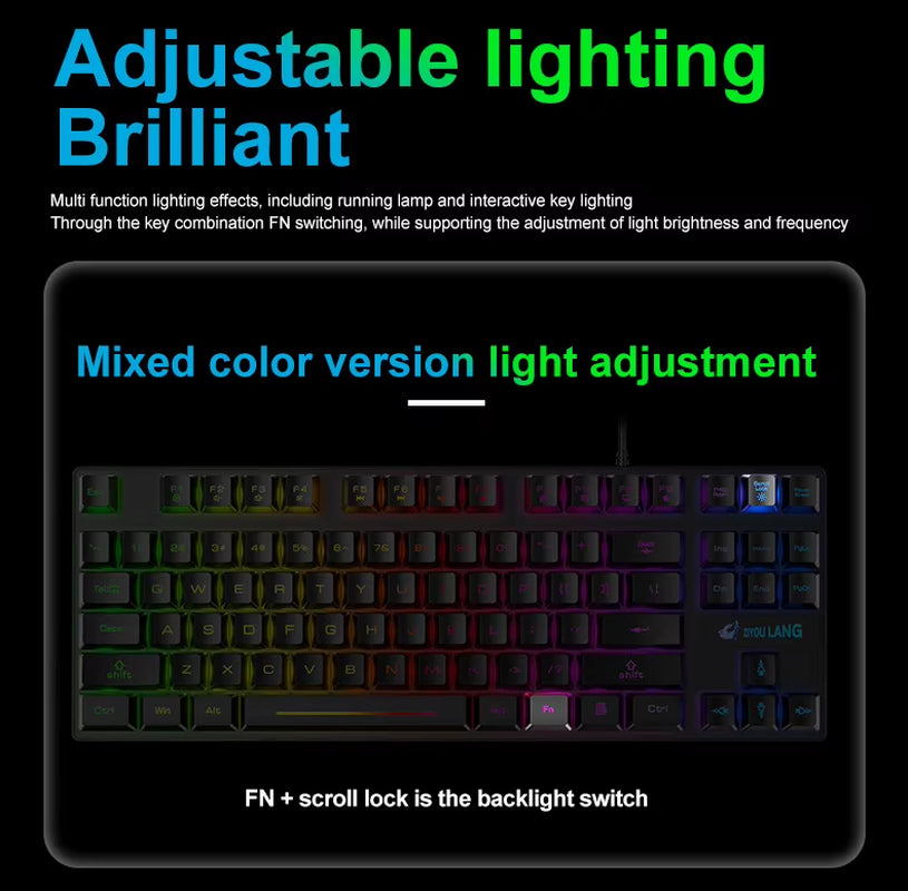 K16 87 Keys PC Keyboard Waterproof Portable Esports Gaming Keyboard USB Wired Backlit Ergonomics Colorful Computer Accessories